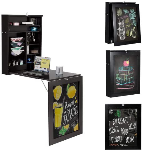 GYMAX Scrivania da Parete, Tavolo da Muro Pieghevole con Lavagna, Scrivania Convertibile, Scompartimenti e Ganci, Design Salva Spazio e Moderno in Legno per Salone/Cucina/Corridoio, 87x60x150cm (Nero)