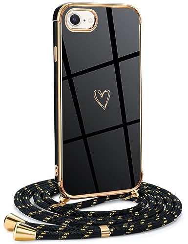 Mkej Frauen Mädchen Handykette Kompatibel mit iPhone 8 - Silikon Hülle mit Band - Handyhülle für iPhone 8 Herz Love Design Galvanik - Hülle mit Kordel in schwarzes Gold