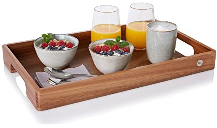 AdHoc Serve Smart Holztablett mit Griff, Serviertablett | Frühstückstablett aus Akazienholz mit walnussfurniertem Boden, 50 × 30 cm