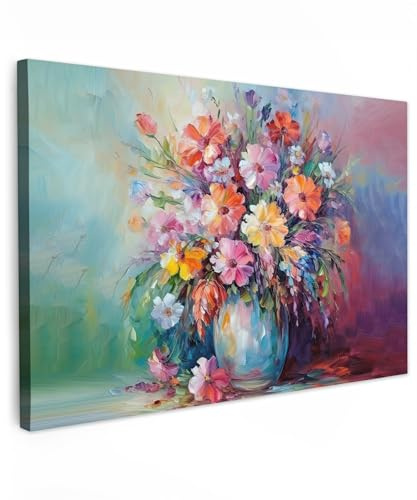 MuchoWow© Leinwand Deko Schlafzimmer Aesthetic Leinwandbilder Wohnzimmer | 90x60 cm - Gemälde Foto Geschenk Living Room Decoration Kunstdruck - Bunt - Blumen - Kunst - Malerei - Blumenstrauß