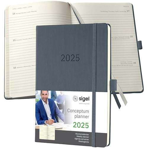 Sigel C2566 Mötesplanerare Veckokalender 2025, Ca A5, Mörkgrå, Inbunden, 192 Sidor, Resårband, Pennögla, Arkivväska, Tillverkad av Hållbart Papper, Conceptum.