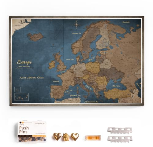 Canvas Europakarte mit Pinnwand Kork zum Pinnen der Reiseziele - Wanddeko für Jeden Raum - Hochwertige Leinwand Bilder mit Europakarte (90x60 cm, Muster 13)