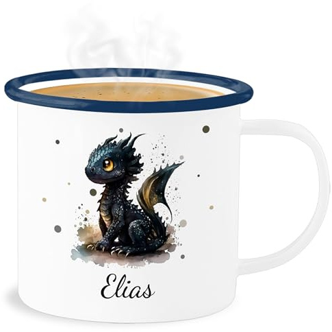 Emaille Becher Blechbecher - Süßer Kleiner Drache mit Namen I Nachtdrache I Dragon I Drachen I Drachenzähmen - 300 ml - Weiß Blau - dragons cup drachenmotiv name tasse geschenke und zähmen