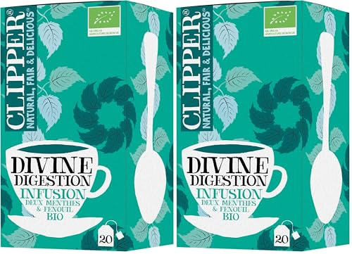 CLIPPER - Infusion Bio - Divine Digestion - Deux menthes et Fenouil - 20 Sachets d'Infusion Bio - Lot de 2