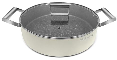 ARTHUR MARTIN, Grand Chef Teglia bassa da 32 cm, alluminio forgiato, rivestimento antiaderente, manici in acciaio rivettati e coperchio in vetro, tutte le fonti di calore compresa induzione, panna