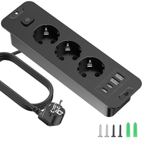 Flerströmsuttag med USB, 3-vägs multiuttag med 2USB och 2 x typ C-anslutning, 7 n 1 nätadapter med 2 m 250 V/16 A förlängningskabel, uttag
