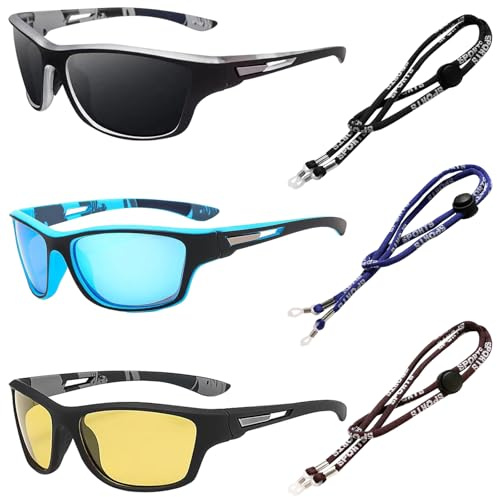 TYXHXTF 3 Pièces Lunettes de Soleil, Lunettes de Soleil Homme Polarisées, Femme Polarisées Lanyard Lunettes, Lunettes de Soleil Polarisées pour Homme Femme, Protection UV, pour Pêche Vélo