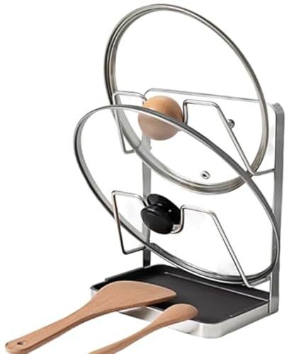 MOUNTTU Pot Lid Organizer, 2-Tier Stainless Steel Pot Lid Holder While Cooking, Pot Cover Holder Rack with Detachable Spoon Rest/Drip Tray for Kitchen Countertop Lid Cutting Board