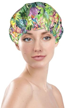 Shower Caps for Women, Reusable Waterproof Shower Cap, Double Layers Elastic Band Long Hair Bath Caps, Watercolor Blooming Cactus Hair Cap for Shower