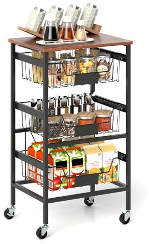 COSTWAY Servierwagen mit Rollen, Gemüseregal mit ausziehbaren Körben & Kreideschildern & Holzplatte, Rollwagen mit 4 Etagen, Snackwagen für Obst Gemüse, für Küche Esszimmer (42 x 31 x 74 cm)