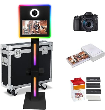DSLR Photo Booth Machine 15.6 Zoll Selfie Portable Touchscreen Kamera Photobooth mit Flight Case，White Photo Booth mit RGB Licht für Hochzeit Party Events (Black, 15.6 Inch+Camera+Mini Printer)