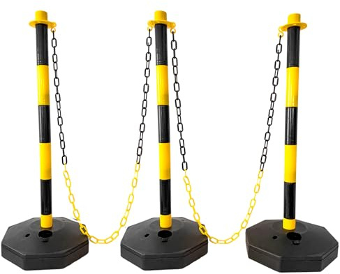 3 poteaux de délimitation de sécurité routière – Jaune et noir | Poteaux de barrière réglables en hauteur avec base remplissable et chaîne en plastique de 4 mètres | Poteaux de file d'attente