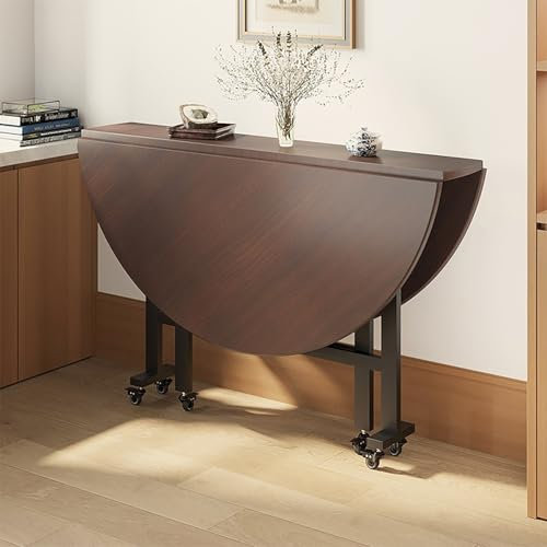 Table de salle à manger ronde en bois avec roulettes et rallonge – Motif noyer foncé – Table de bureau polyvalente – 120 cm