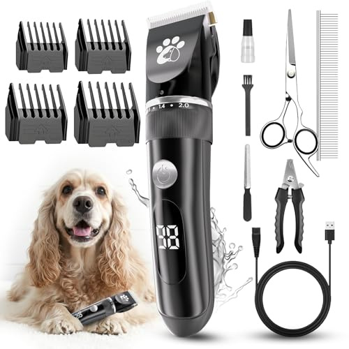 Tondeuse pour chiens, kit de toilettage pour chiens, 2 vitesses, faible bruit, IPX5, imperméable, écran LED professionnel sans fil, adapté aux chiens et chats de petite et moyenne taille