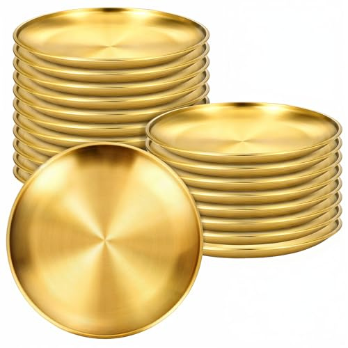 YQQYG 20 Pieces Gold Stainless Steel Plates, 6.5 Inch Metal Round Dinner Dishes, Reusable and Dishwasher Safe for BBQ, Salad, Snack, Desserts, Food Serving, Outdoor Camping