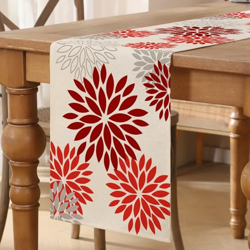 Tischläufer Blumen Rot Dahlien Weihnachten Tischläufer Boho Table Runner Küchentisch Dekoration Tischdecke für Hochzeit Couchtisch Drinnen Urlaub Café Garten Party Dekor 40x100 cm
