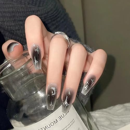 Clawrex Press on Nails Lang, 24 Stück Schwarze Fingernägel zum Aufkleben Halloween, French Ballerina Kunstnägel, Mond Design Fake Nägel mit Nagelkleber, Acryl Falsche Nägel für Frauen Mädchen