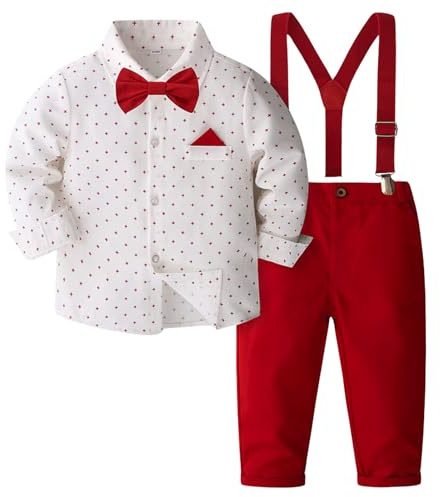 Generisch Trajes para niños Conjunto de boda para niños Camisa con pajarita/pantalones con tirantes para ocasiones formales, rojo, 4-5 años