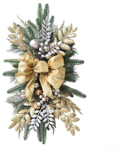 Eawfgtuw Adorno de arco de escalera de Navidad con conos de pino, bayas rojas, bolas de espuma y diseño inalámbrico preiluminado para decoración navideña en interiores y exteriores, rojo, dorado y