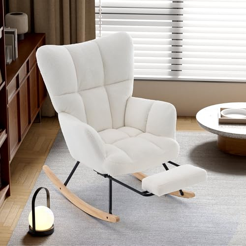 okwish Schaukelstuhl Schaukelsessel Wohnzimmer verdickte Relaxsessel mit Fußstütze, geeignet für Wohnzimmer/Schlafzimmer/Balkon, Sherpa-Fleece, weiß