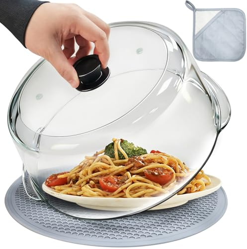 Glass Microwave Splatter Cover with Glove and Mat for Food, 10in Guard Lid