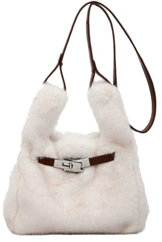 NIDONE lurvig handväska, mjuk och lätt fluffig tygväska, stor kapacitet luddig crossbody handväska, fuskpälsväskor för kvinnor vinter höst beige