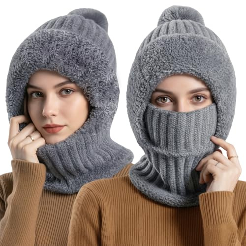 Kunoli 3 in 1 Beanie Hat for Women, Winter Womens Knitted Hats with Neck Gaiter & Face Mask, Balaclava Hat and Scarf Set, with Hairball, Soft Thick Fleece Lined for Skiing, Hiking & Outdoor (Grey)