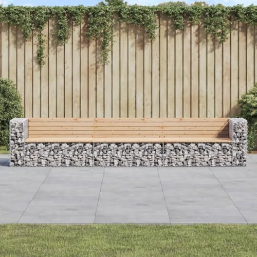 Teenpull Gabions Garden Bench Made of Solid Pine Wood, 347 x 71 x 65.5 cm, Robust Outdoor Bench with Galvanised Steel Frame for Patio, Porch, Weatherproof
