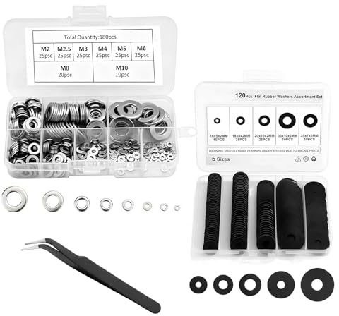 300Pcs Washers Assorted Kit - Steel Flat & Rubber Tap for Screws