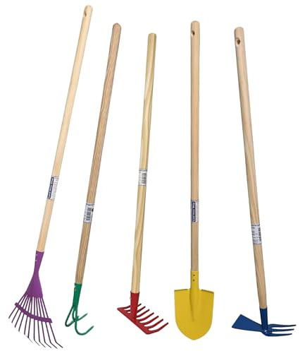 Land-Haus-Shop Kinder Gartengeräte Set, 5 Teile | Besen, Spaten, Harke, Rechen, Schaufel, Spielzeug Garten Geräte massiv