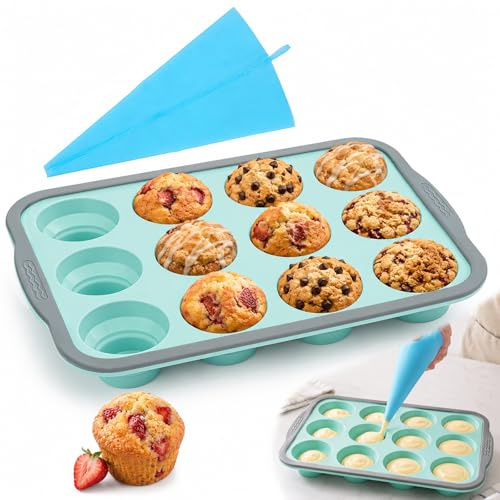 Lurkapes Molde de Silicona Plegable para 12 Magdalenas, con Marco Metálico Resistente, Antiadherente y Seguro para Alimentos - Ideal para Horno, Microondas y Repostería