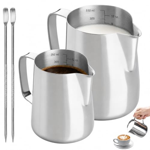 2 bricco per latte in acciaio inox, 350 e 600 ml, bricco per schiuma di latte con indicatori di misurazione e penna per latte art, bricco montalatte per barista, cappuccino ed espresso