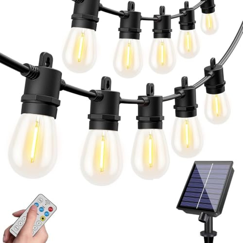 SUAVER Solar String Lights Outdoor 5m S14 Festoon Lamp,10 Shatterproof LED Edison Bulbs with Remote Dimmable & Timable & USB Port,Waterproof Hanging Lighting for Patio,Garden,Outdoor Decor