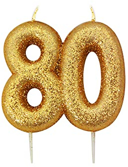 Anniversary House Elegant Gold Glitter 80th Birthday Candle - Premium Wax Number 80 Cake Topper for Anniversary, Party Decor & Milestone Celebrations - Shiny Metallic Sparkle Finish, 7cm Large
