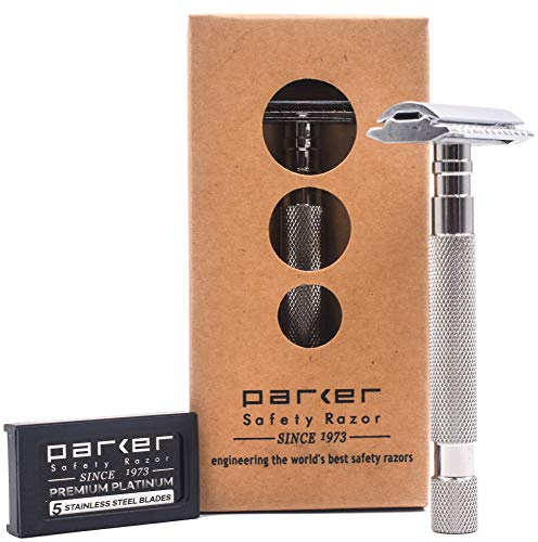 Parker Safety Razor 64S Edelstahl Griff zweiseitiges Sicherheits-Rasiermesser Mit Geschlossenen Kamm Kopf & 5 Klingen