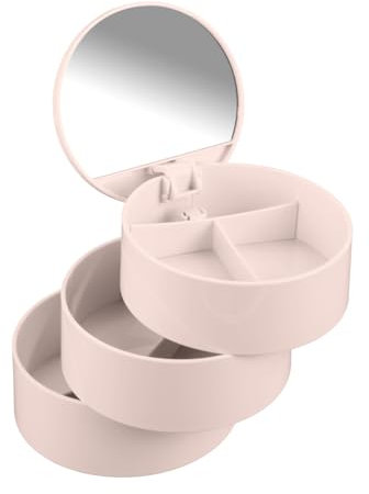 WENKO Kosmetik Tower Rosa - Kosmetik Organizer mit 3 drehbaren Fächern und Spiegel, Kunststoff (ABS), 13 x 14 x 13 cm, Rosa, 14 x 13 x 13 cm