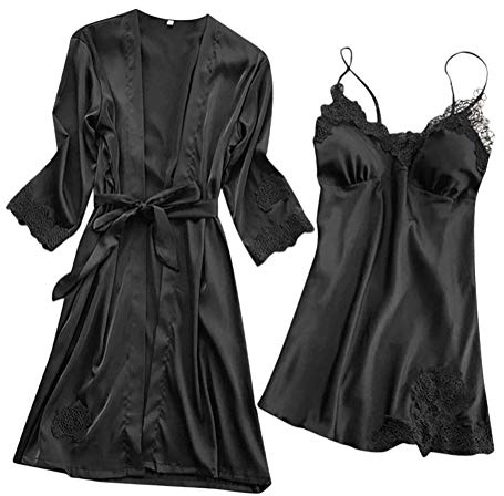 Minetom Femmes 2 Pièces Vêtements de Nuit Sexy Satin Robe de Chambre Kimono avec Ceinture Dentelle Lingerie Longue Peignoir Chemise de Nuit A Noir FR 40