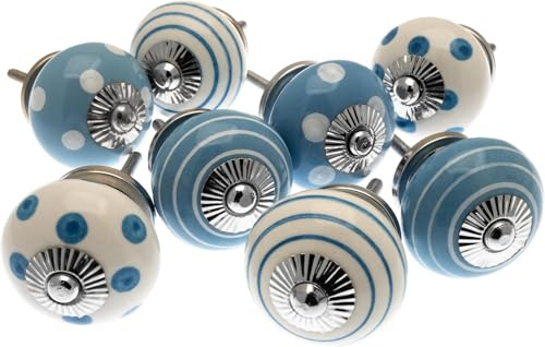 Gemischtes Set Schrankknäufe mit 8 x blauen und weißen Punkten und Streifen, Keramik - 'Mango Baum' Wz Produkt (MG-739)