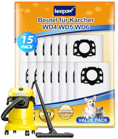 KEEPOW 15 Pack Fleece Filter Bags for Karcher Wet & Dry Vacuum Cleaner | Compatible with Karcher WD4 WD5 WD6 MV4 MV5 MV6, High Efficiency, 2.863-006.0