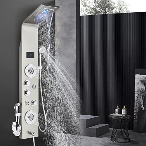 JunSheng Colonna Doccia Idromassaggio LED con 6 In 1 Funzioni Alta Qualità Acciaio Inox Pannello Doccia Set con Display LCD Della Temperatura Per Bagno,Massaggi,Doccetta e Vasca,Nichel Spazzolato