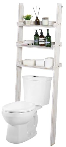 MyGift 5.5 Foot Tall Over The Toilet Ladder Shelf, 3 Tier Decorative Leaning Ladder Shelf, Bathroom Organizer Storage Shelf Rack Stand, Shabby White Washed Solid Wood