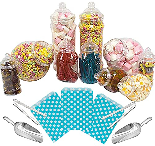 10 Mixed Jar Retro Pick & Mix Victorian Sweet Shop Candy Buffet Kit Party Pack with Scoops, Tongs & Bags - Blue Polka Bags