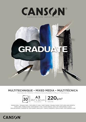 CANSON Graduate Mixed Media 220 gsm A3-papper, dubbelsidig: Kornig och slät, limmad kort sida, 30 grå ark, för studentkonstnärer