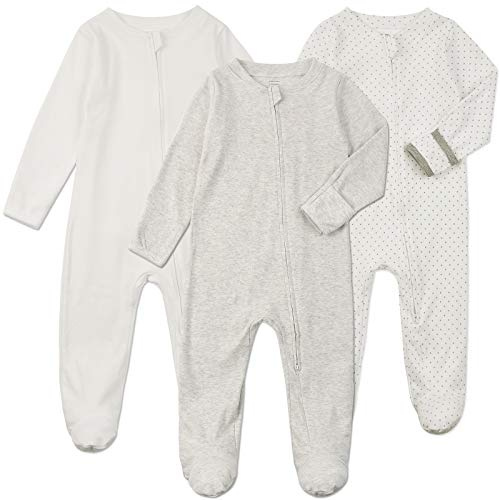 Aablexema Baby Footie Pajamas with Mittens - 3Pcs Infant Cotton Footed One Piece Sleepwear Outfits(0-3m, White/Grey/Dot)