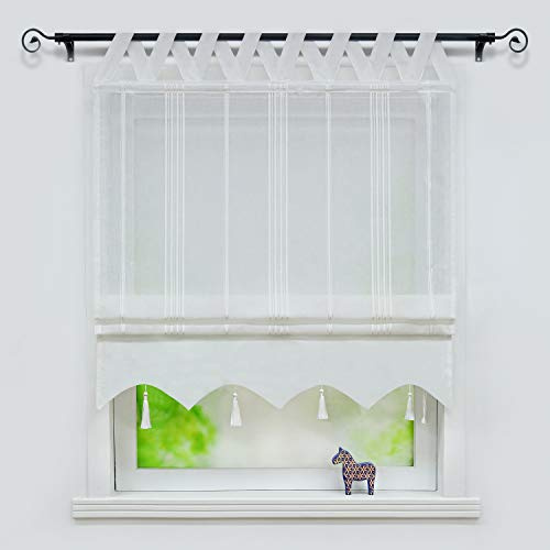 Joyswahl Leinenoptick Raffrollo mit V Schlaufen »Catrin« Raffgardine mit Längsstreifen und farblich abgesetzte Blende BxH 140x140cm Weiß 1 Stück