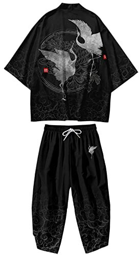 DOSLAVIDA Japanisches Kimono-Jacken-Set für Herren, stilvoller offener Vordermantel mit Shorts, bedruckter Cardigan-Anzug im chinesischen Stil, Hose - Schwarz 2, Medium