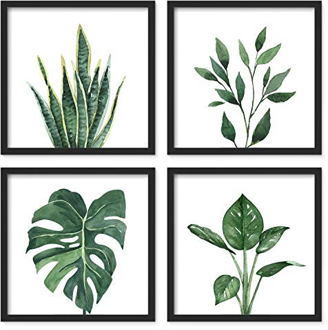 ArtbyHannah Bilder mit Rahmen 25x25cm 4er Set Poster Schwarz Quadratisch Wandbilder mit Holz Rahmen, Botanisch Kunstdruck Wanddeko, Badezimmer Schlafzimmer Wohnzimmer Küche