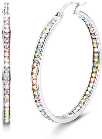 Diamday Pendientes de Aro Grandes de Acero Inoxidable Con Diamantes de Imitación Multicolores - Huggie Lindos para Mujer - Conjunto de Joyas
