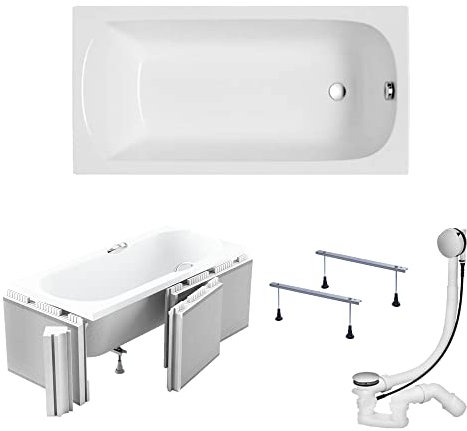 KOLMAN Badewanne CLASSIC SLIM Rechteck 180x80 mit Styroporverkleidung (Ablage 4cm), Ablaufgarnitur und Füßen Komplettset 4in1 Premium Original Acryl Wanne Siphon