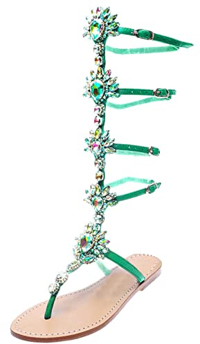 Women's Sandals Shiny Rhinestone Platform Shoes Stiletto Open Toe Hollow Cross Strap Sandals Evening Party Flat Shoes Strappy Sandals Long Shaft Roman Sandals Fashion Beach Sandals, Green, 6